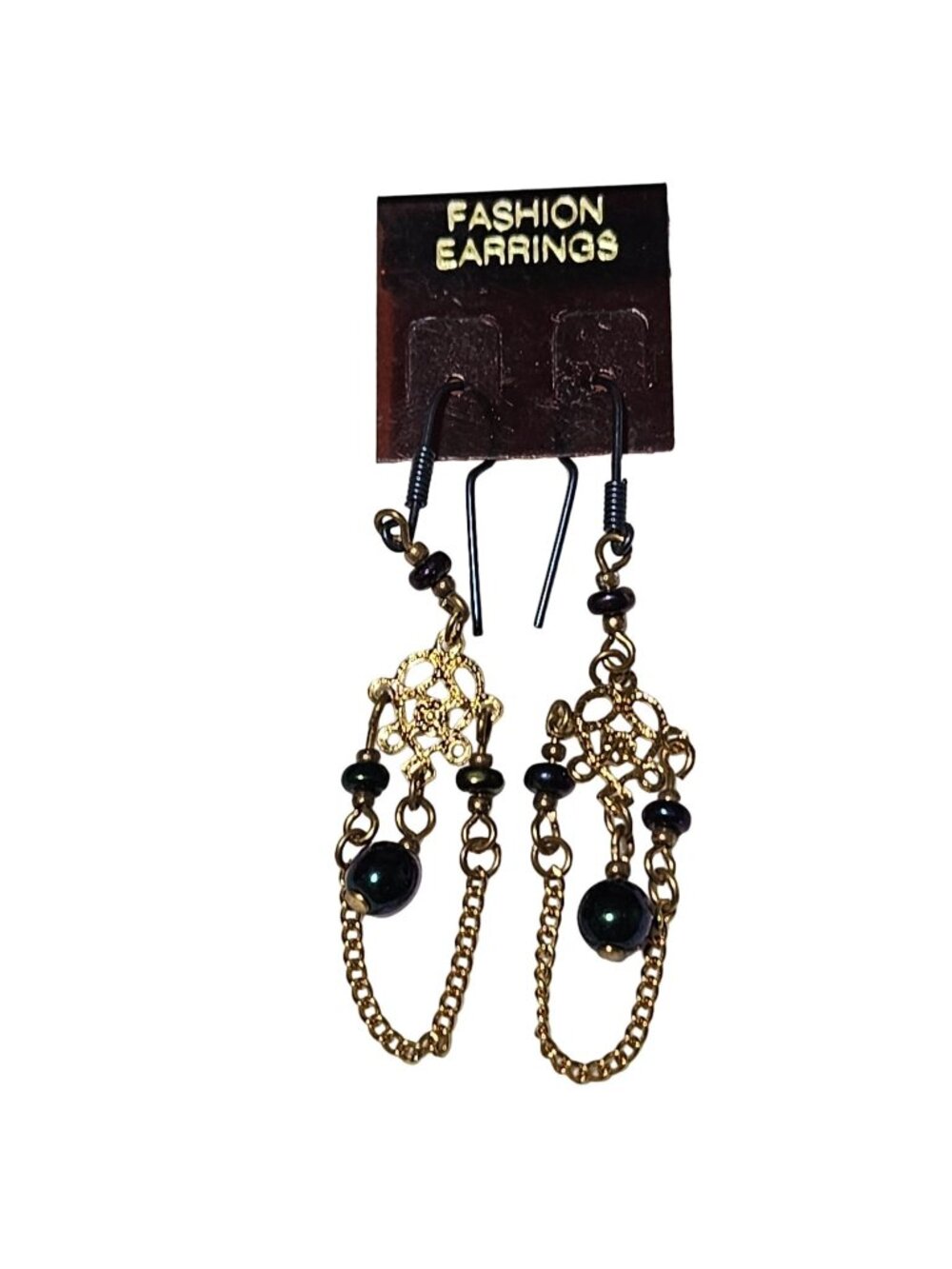Fashion Earrings Filigree Chain Dangle Navy Blue Beads Gold Tone Jewelry Women